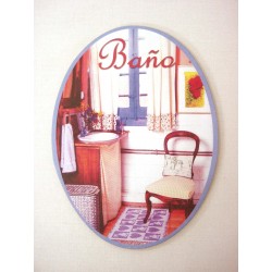 PLACA MADERA OVAL BAÑO AZUL...