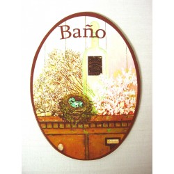 PLACA MADERA OVAL BAÑO NIDO...